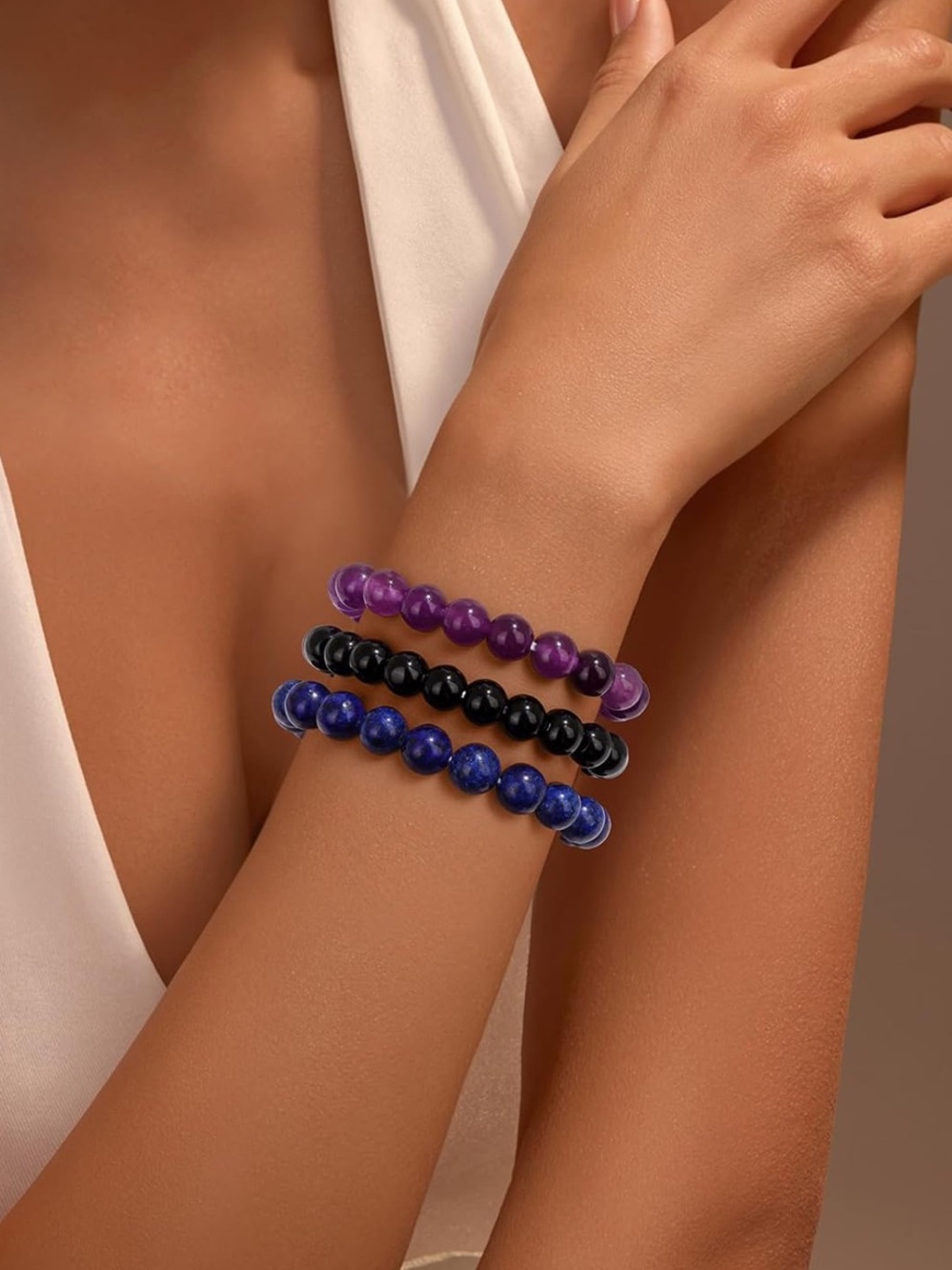 🆕New Stress Relief Gemstone Bracelet Set-Amethyst, Obsidian & Lapis Lazuli - Picture 2 of 9